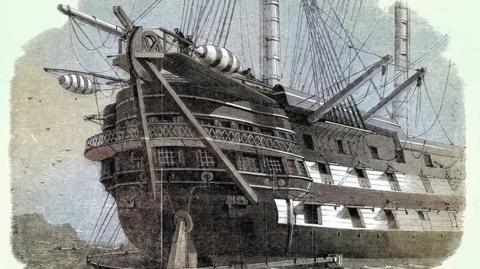 A monochrome old print of HMS Agamemnon, showing the ship against a background of sky and birds.