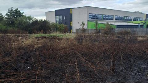 A view across a charred and blackened field. The scorch marks reach up to a fence, separating the field from a large, grey flat-roofed building. 