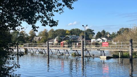 A row of houses is seen across a lake with a wooden bridge running across it. 