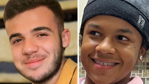 A composite image of the two who died. On the left is Klevi Shekaj, 23, a man with dark hair, heavy eyebrows and a short beard. He wears a dark yellow shirt and is smiling toward the camera.
On the rights is Leonardo Reid, who has braces and is smiling, and looking away from the camera. He is wearing a top with a pink collar and a Louis Vuitton grey beanie hat. He has a large diamond-style stud in one ear. 