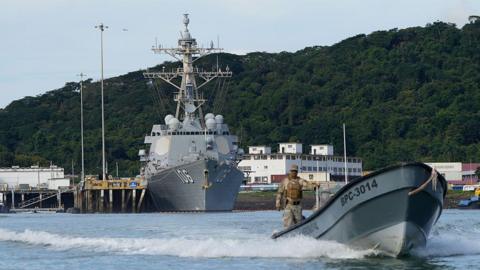 A US warship seen docked last month in Panama