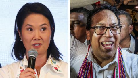 Composite image of Keiko Fujimori holding a microphone and Roberto Sánchez wearing glasses smiling in a crowd