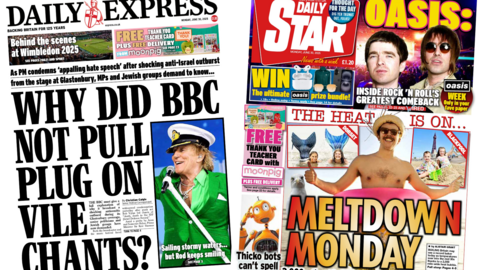 A composite image of the front pages of the Daily Express and the Daily Star. The headline of the Daily Express reads "why did BBC not pull plug on vile chants?" and the headline of the Daily Star reads "meltdown Monday".