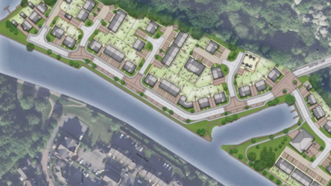 A computer-generated overview of the river with images of houses and the marina next to trees and green space