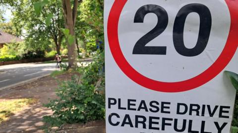  A poster with a 20mph sign and the words 'PLEASE DRVE CAREFULLY' alongside a residential, tree-lined street.