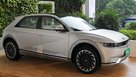 A silver coloured Hyundai electric car kept on display at the National Stock Exchange (NSE) in Mumbai
