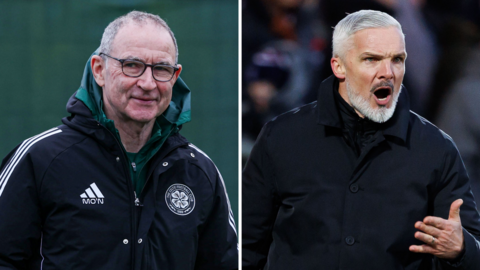 Celtic interim manager Martin O'Neill in team training and Dundee United boss Jim Goodwin shouts from the touchline
