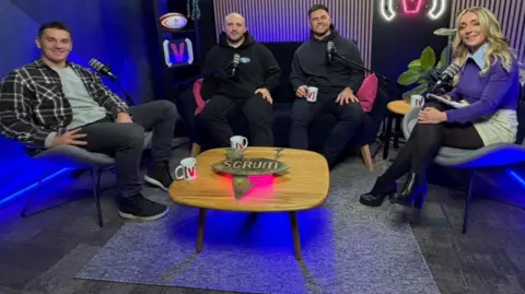 L-R: Jonathan Davies, Dillon Lewis and Ellis Jenkins with presenter Lauren Salter