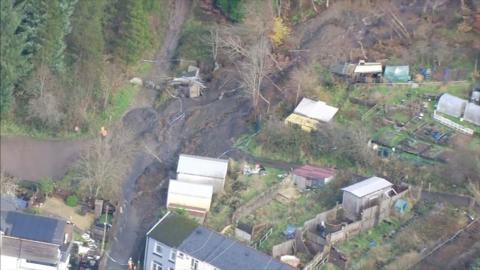 Aerial footage of Cwmtillery showing the damage caused by the landslide