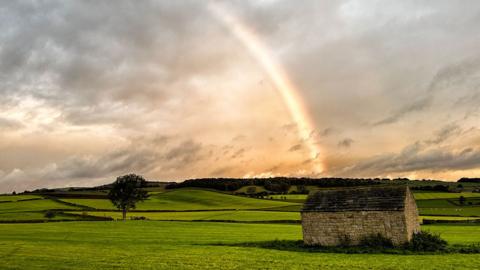A rainbow captured over the Derbyshire countryside