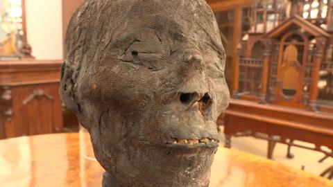 An Egyptian mummy head at the forefront of a blurred background. The skin looks rough, dry and black.  Its eyes are closed.  You can see a few yellow teeth through the gap between its lips. 