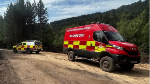 Da charbad-smàlaih - fear dearg le ceart-cheàrnagan buidhe agus Wildfire Unit sgrìobhte ann an litrichean geala air a chliathaich. Air a chùlaibh, tha carbad buidhe le ceart-cheàrnagan dearga. Tha iad air staran greabhail le craobhan air gach taobh.