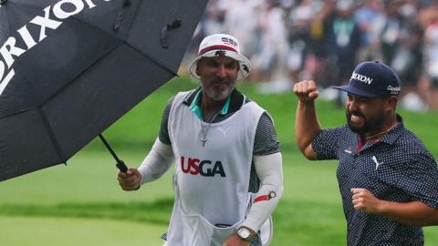 JJ Spaun celebrates winning the US Open