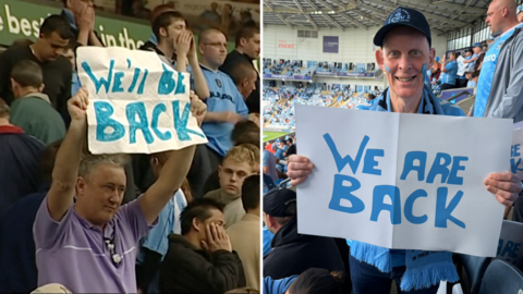 On the left, John Mullaney holds a white sign with blue text saying 'We'll Be back. on the right, a fan looks at the camera while holding a white sign with blue text that says 'We Are Back'.