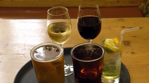 A tray of alcoholic drinks