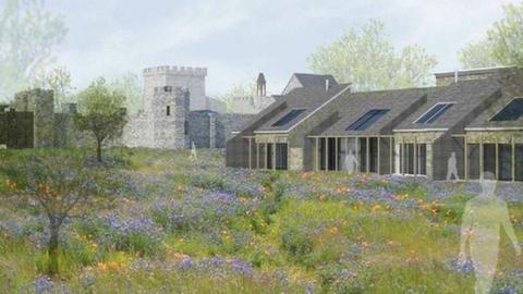 An artist's impression of the 500 holiday cottages at Penrhos Coastal Park. It is surrounded by grasses, flowers and castle in the background 