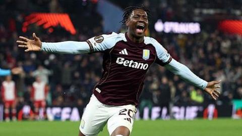 Jamaldeen Jimoh-Aloba celebrates scoring for Aston Villa. 