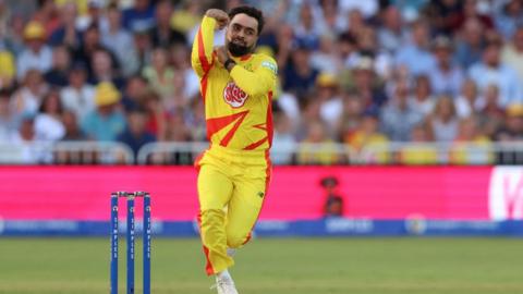 Rashid Khan of Trent Rockets bowls during The Hundred 