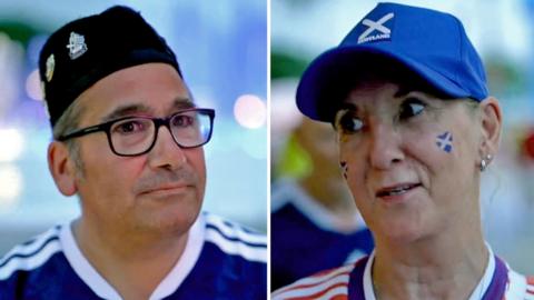 On the left, a man with black glasses wears a blue hat. On the right, a woman wears a hat with the Scottish flag.