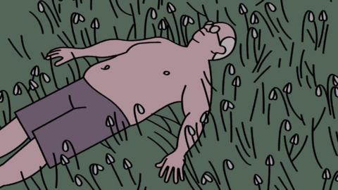 An illustration shows a person lying flat on their back in a field of tall, thin grass with small mushroom‑like plants scattered throughout. The person is wearing shorts and is positioned with arms relaxed at their sides, surrounded by dense greenery.
