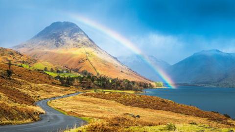 A rainbow in a rural landscape