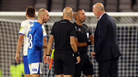 Rangers manager Philippe Clement remonstrates with the referee