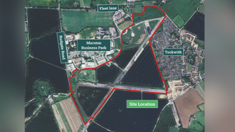 Plans are outlined in red over an aerial view, with tags showing the site location in relation to the surrounding areas Marston Business Park, Tockwith, Rudgate Road and Fleet Lane.