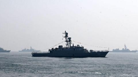 Iranian warship IRIS Dena is seen in the Bay of Bengal during International Fleet Review held at Visakhapatnam, India, on 18 February 2025.