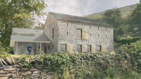 An artist's impression of how Common Barn will look once it is completed. The building is made of grey stone and has five windows over looking the Lake District. A new roof has been built over an entrance to the left.