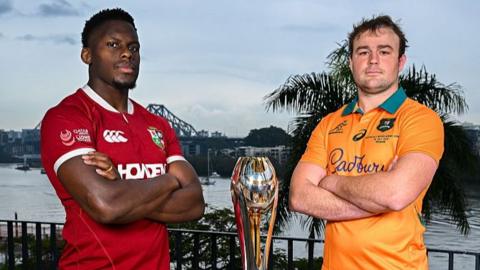 Lions captain Maro Itoje and Australia skipper Harry Wilson pose with the series trophy