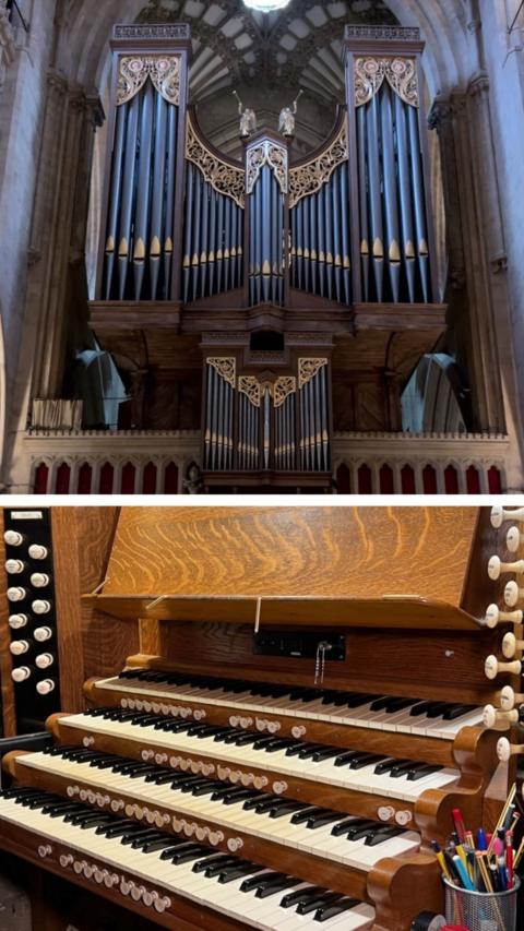 Split image of an organ. At the top there are big pipes and the bottom half there are organ keys.