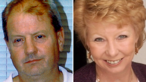 The head and shoulders of a balding man with brown hair looking directly ahead. He is wearing an open-necked white polo-style shirt. Behind him is a white window blind. A woman with short strawberry blonde hair smiles at the camera. She has blue eyes and is wearing gold earrings and a dark jumper 