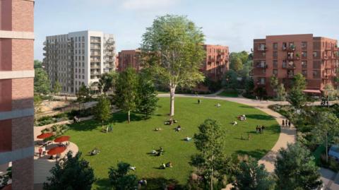 A computer generated image of a park surrounded by high rise blocks of flats