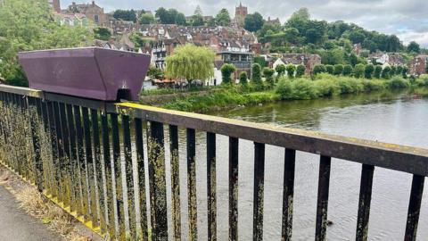 A black bridge covered in green lichen with an empty, purple flower planter