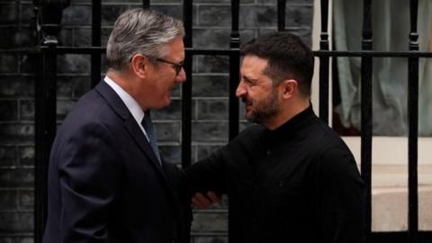 Prime Minister Sir Keir Starmer welcomes Ukrainian President Volodymyr Zelensky to number 10 Downing Street,
