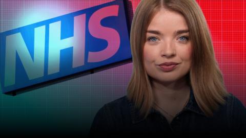 Reporter with NHS logo behind her