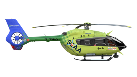 Artist's impression of planned new yellow air ambulance helicopter with green and blue tail