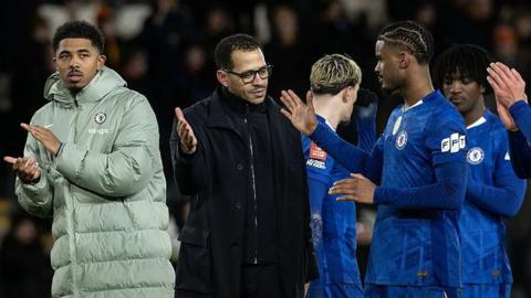 Liam Rosenior, Wesley Fofana and Jorrel Hato all applaud the fans after the win over Hull