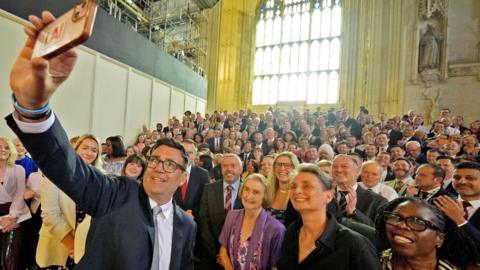 Andy Burnham with colleagues from the Parliamentary Labour Party in Westminster Hall at the Houses of Parliament in central London on 22 June 2026