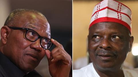 A composite photo of Peter Obi on the left. He is looking up through his glasses. On the right is Rabiu Kwankwaso, who has a slight moustache and is wearing a traditional red and white cap.