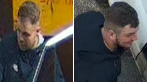Composite CCTV image of two men. The one on the left has short brown hair and is wearing a dark jacket. The image is grainy. The man on the right has short black hair and a beard and is wearing dark clothing. 
