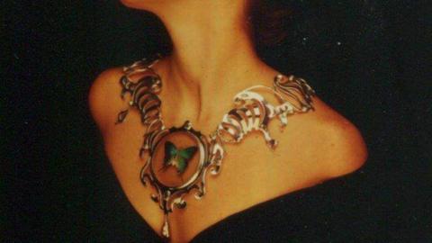 An elaborately-designed silver necklace with a taxidermy butterfly pendant hanging around a woman's neck 