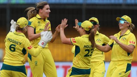 Australia's Annabel Sutherland celebrates the wicket of England's Amy Jones
