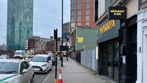 General view of Bristol Street on the outskirts of Birmingham City Centre. The Savannah restaurant and bar is visible on the right of the image