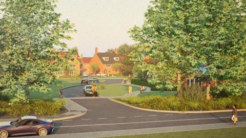 An image of the proposed housing development shows new homes arranged around a tree‑lined access road, with cars, footpaths, green space and people walking, set within landscaped open space and a woodland area.