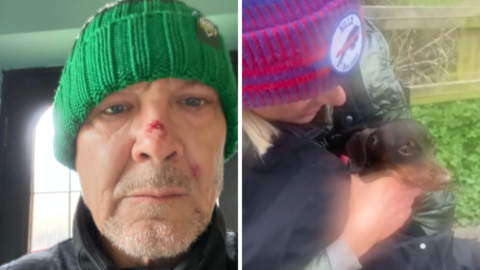 On the left, Neil Frisby-Mail is looking at the camera, wearing a black coat and a green beanie hat. He has a cut on the bridge of his nose. On the right, Evelyn Straw is holding Nellie, a dark brown dachshund puppy. Straw is wearing a green coat and red and blue striped beanie hat. 