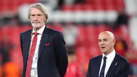 Sir Jim Ratcliffe pictured beside Daniel Levy after the 2025 Europa League final