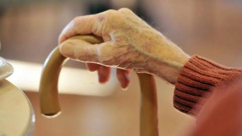 A close up of an elderly hand on an arching walking stick.