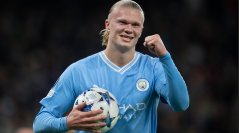 Erling Haaland celebrates scoring for Manchester City 