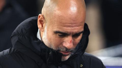 Manchester City manager Pep Guardiola reacts to UEFA Champions League match between Manchester City and Feyenoord